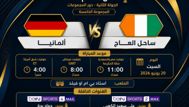 ألمانيا ضد ساحل العاج | موعد مباراة ألمانيا وكوت ديفوار اليوم 20-6-2026 والقنوات الناقلة وتشكيل المانشافت